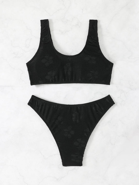 Damen Bikini-Set mit strukturiertem Oberteil und hoch geschnittenem Slip