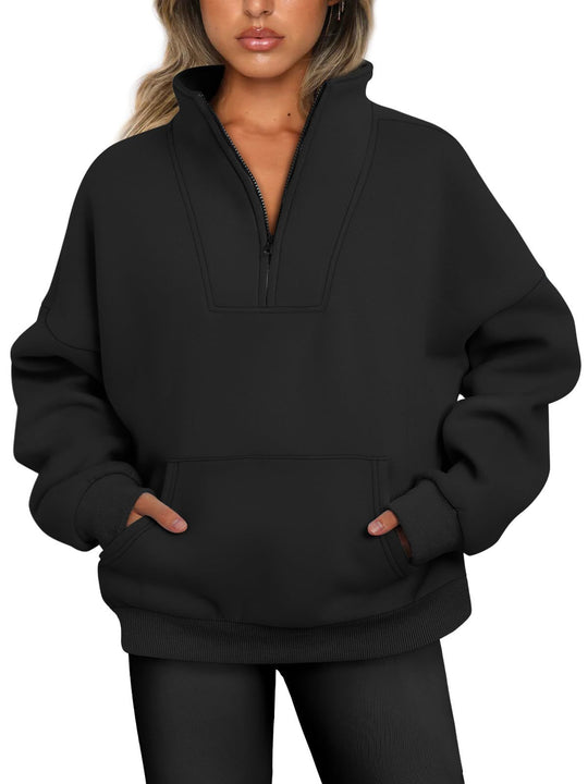 Damen nan oversized Halbzip-Hoodie mit hohem Stehkragen, Kängurutasche und gerippten Bündchen Shop Nory