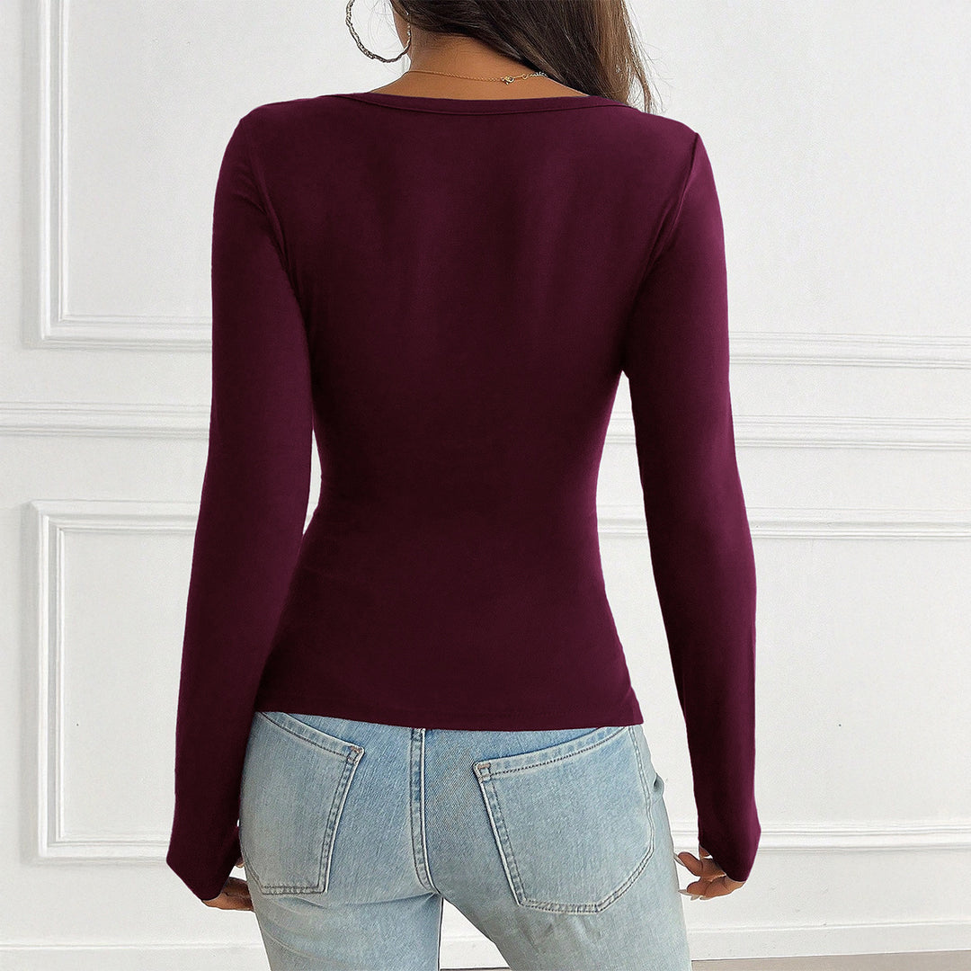 Damen nan tailliertes Langarmshirt mit geraffter Knopfleiste und tiefem V-Ausschnitt Shop Nory