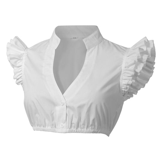 Damen nan kurz geschnittene Bluse mit Stehkragen V‑Ausschnitt und Volantärmeln Shop Nory