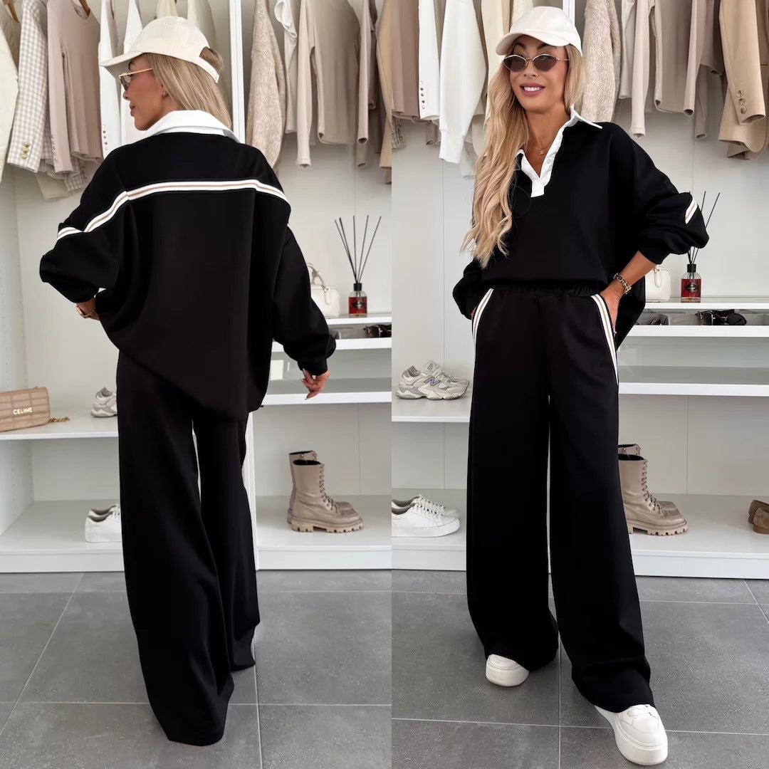 Damen modisches Relax-Set mit Polokragen, markanten Paspelstreifen und weitem Palazzo-Jogger Shop Nory