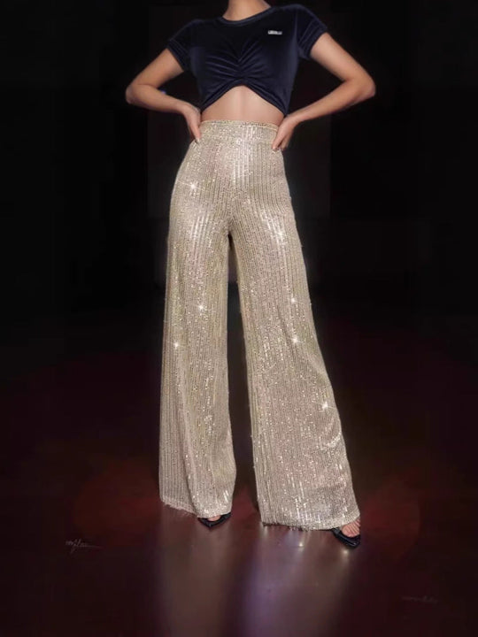 Damen Glänzende Weite Hose mit funkelndem Design