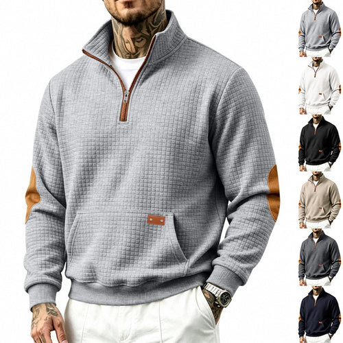 Herren Stehkragen-Halbzip-Sweatshirt mit karierter Reliefstruktur und Lederoptik-Ellenbogenpatches Shop Nory