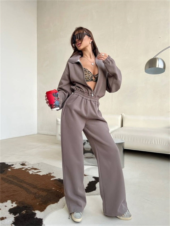 Damen Relaxed-Loungewear-Set mit Halbzip-Stehkragen und hochtaillierter Weitbein-Jogginghose Shop Nory
