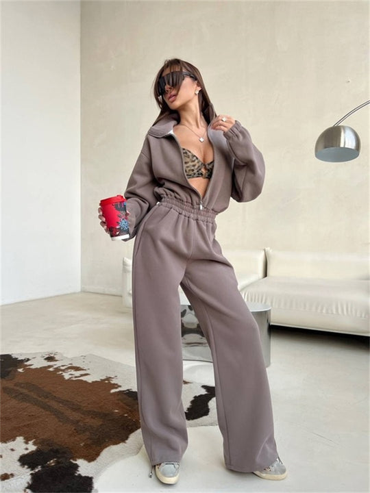 Damen Relaxed-Loungewear-Set mit Halbzip-Stehkragen und hochtaillierter Weitbein-Jogginghose Shop Nory
