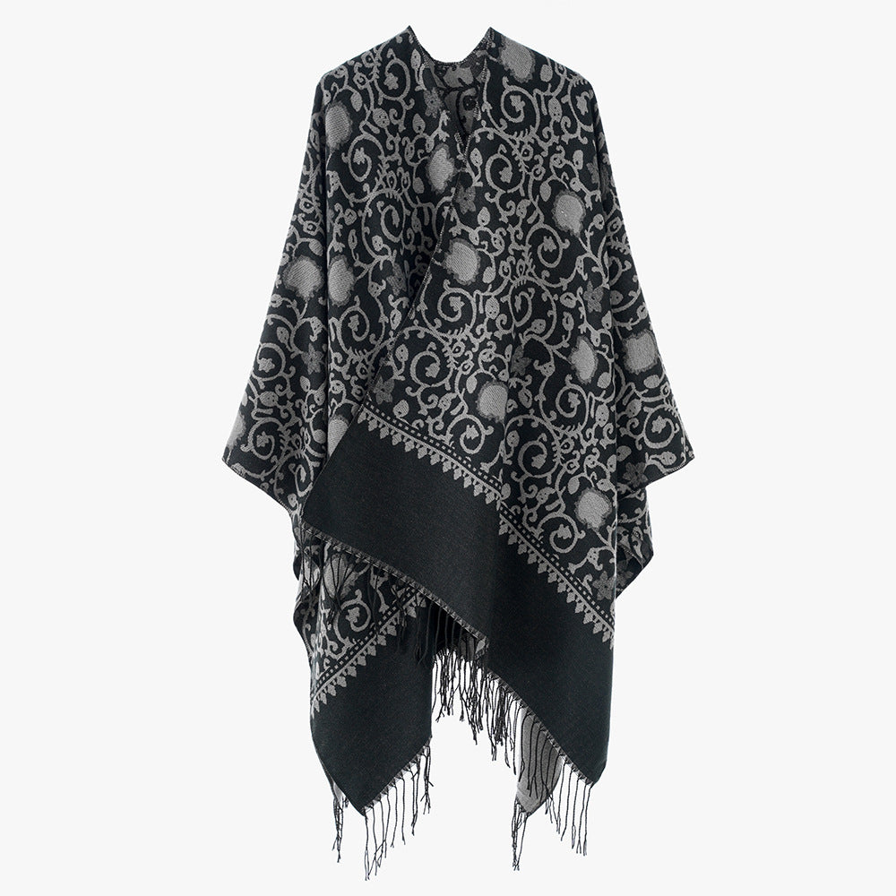 Damen Jacquard-Ruana mit ornamentalem Bordürenmuster und Fransensaum Shop Nory