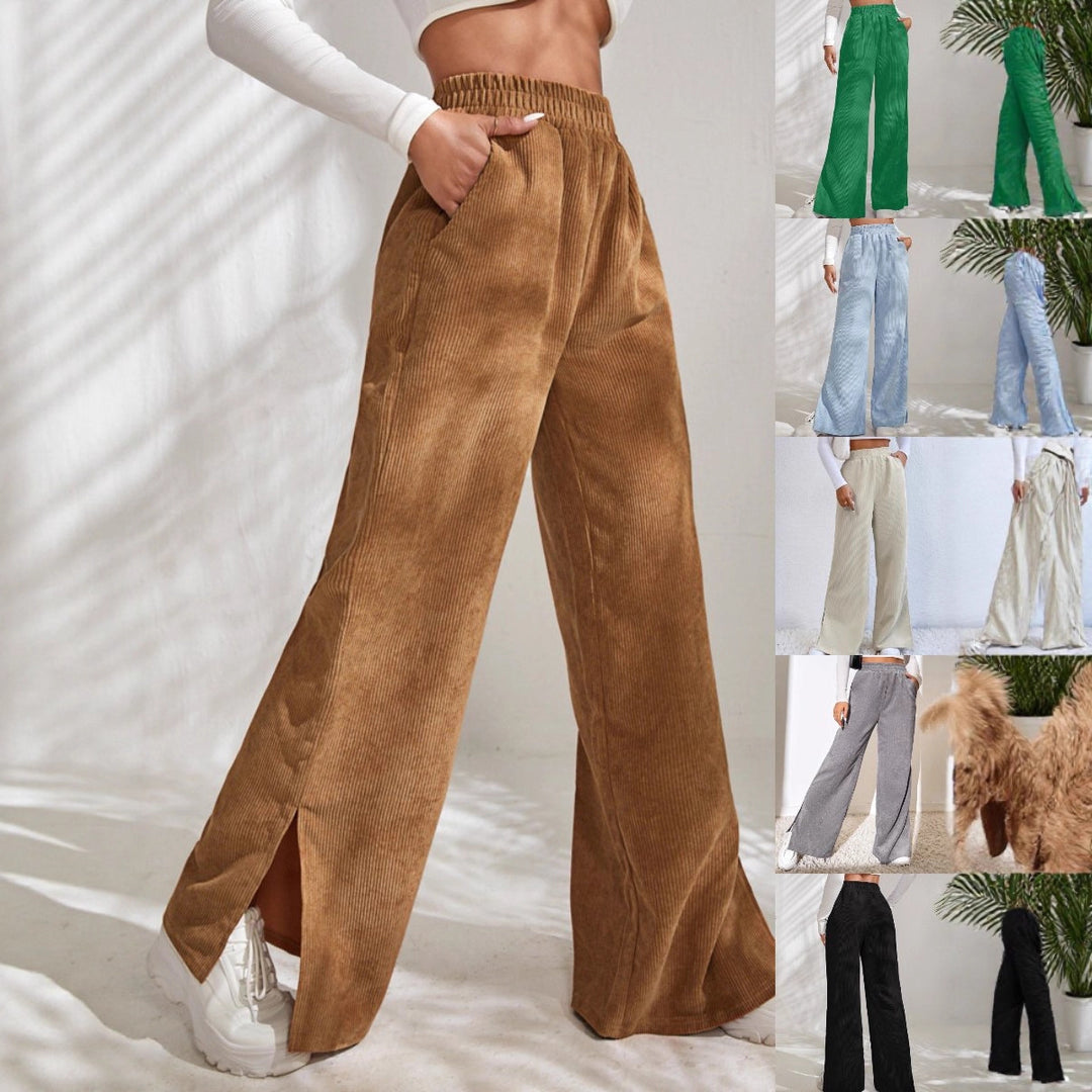 Damen Weite High‑Waist Cordoptik-Loungehose mit elastischem Bund und Seitenschlitzen Shop Nory