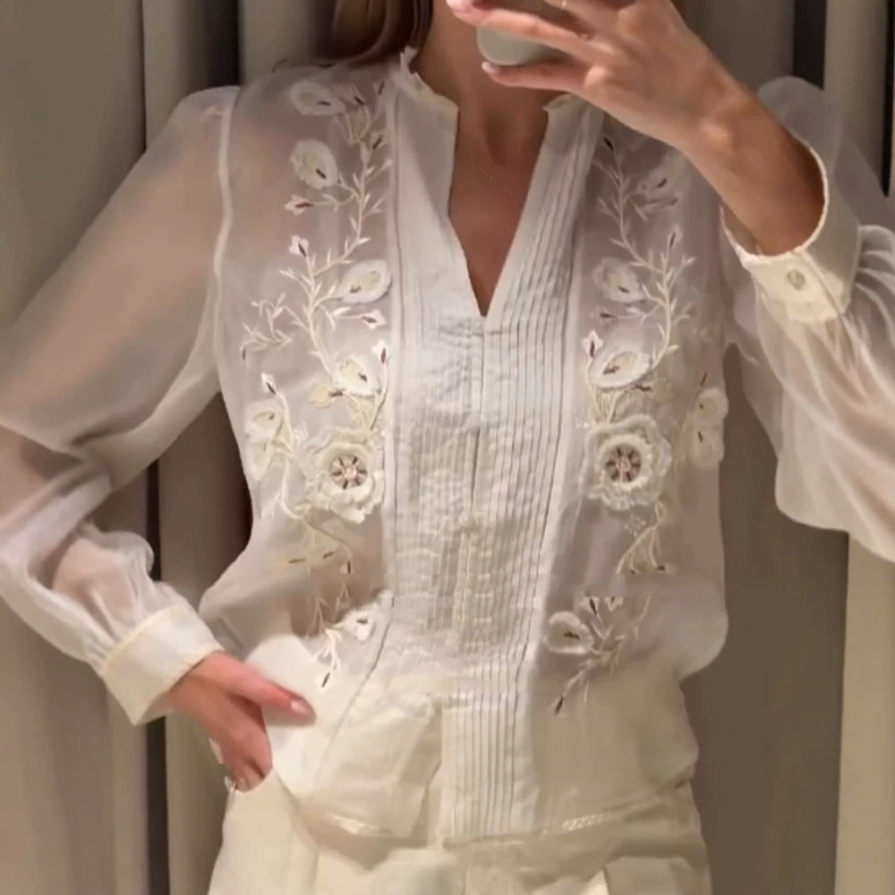 Damen Transparente bestickte Chiffonbluse mit Pintucks, V‑Ausschnitt und Ballonärmeln Shop Nory