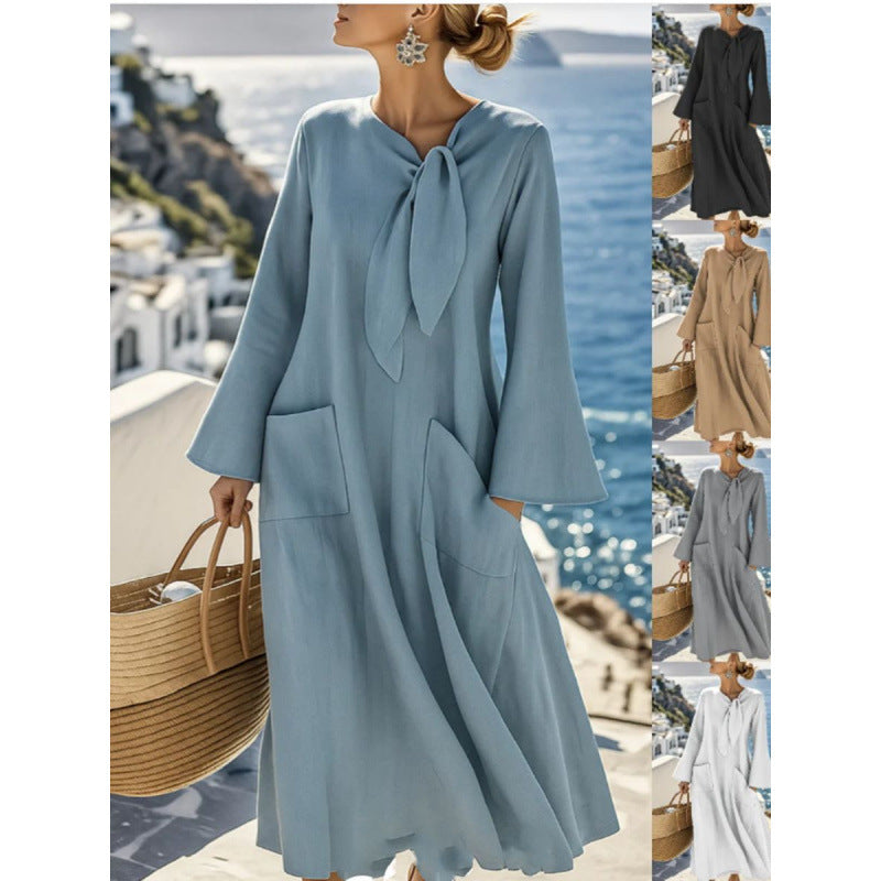 Damen Leichtes Maxikleid mit Bindeschleife, Glockenärmeln und aufgesetzten Taschen Shop Nory