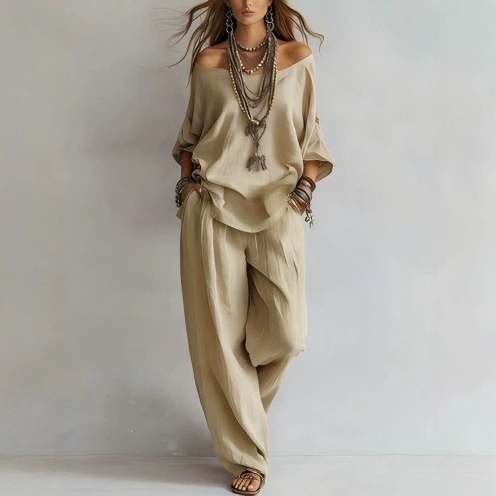 Damen Lässiges Leichtes Lounge-Set mit Carmenausschnitt und Palazzo-Hose Shop Nory