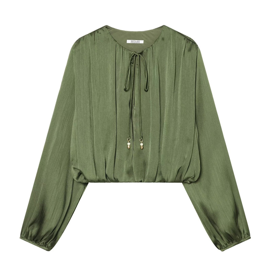 Damen Cropped Plissee-Bluse mit Kordelverschluss und Ballonärmeln Shop Nory