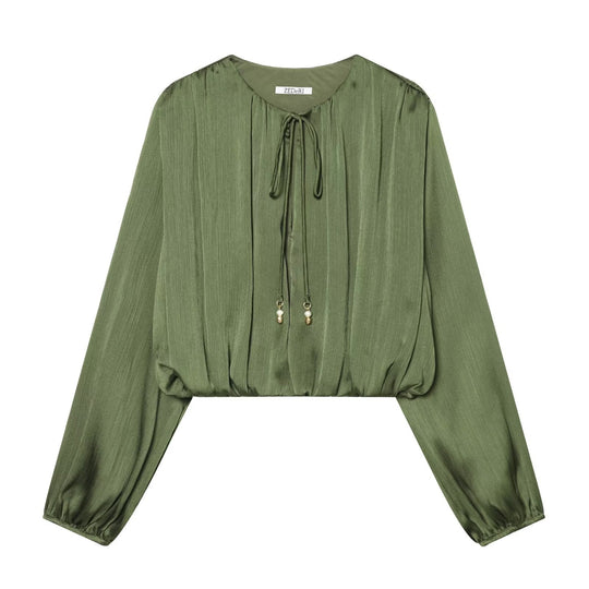 Damen Cropped Plissee-Bluse mit Kordelverschluss und Ballonärmeln Shop Nory