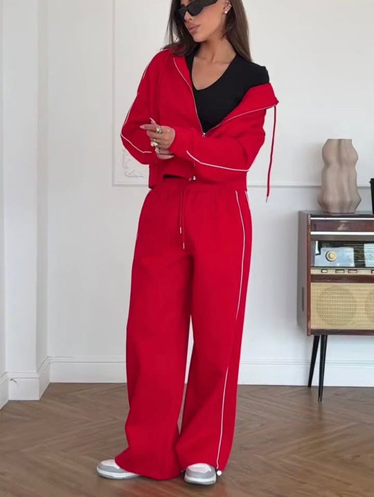 Damen Lässiges zweiteiliges Lounge-Set mit oversized Zipjacke und weitem Kordelzug-Hosenbund Shop Nory