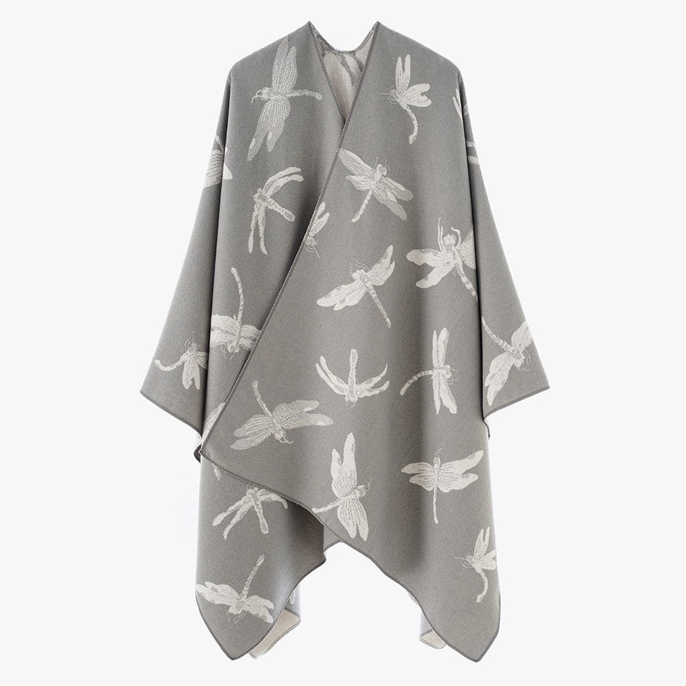 Damen Oversize-Cape aus feinem Jaquardstrick mit Libellenmotiv und reversibler Wolloptik Shop Nory