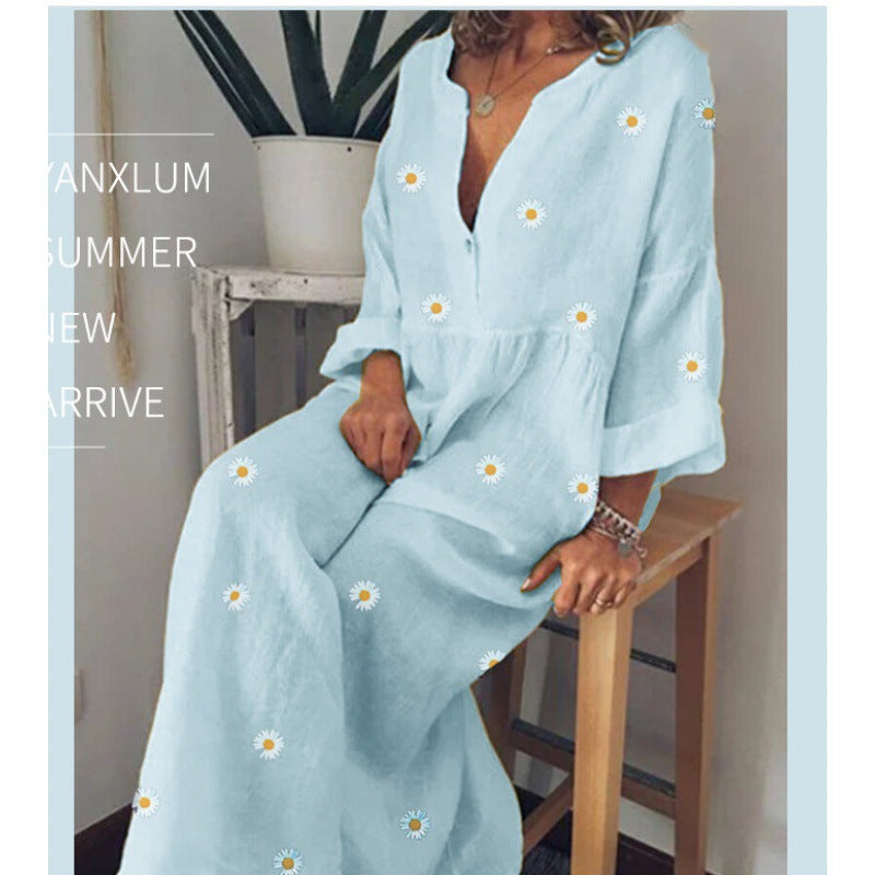 Damen Langes Leinenoptik Maxikleid mit tiefem V‑Ausschnitt, lockerer Empire‑Taillierung und Margeritenprint Shop Nory
