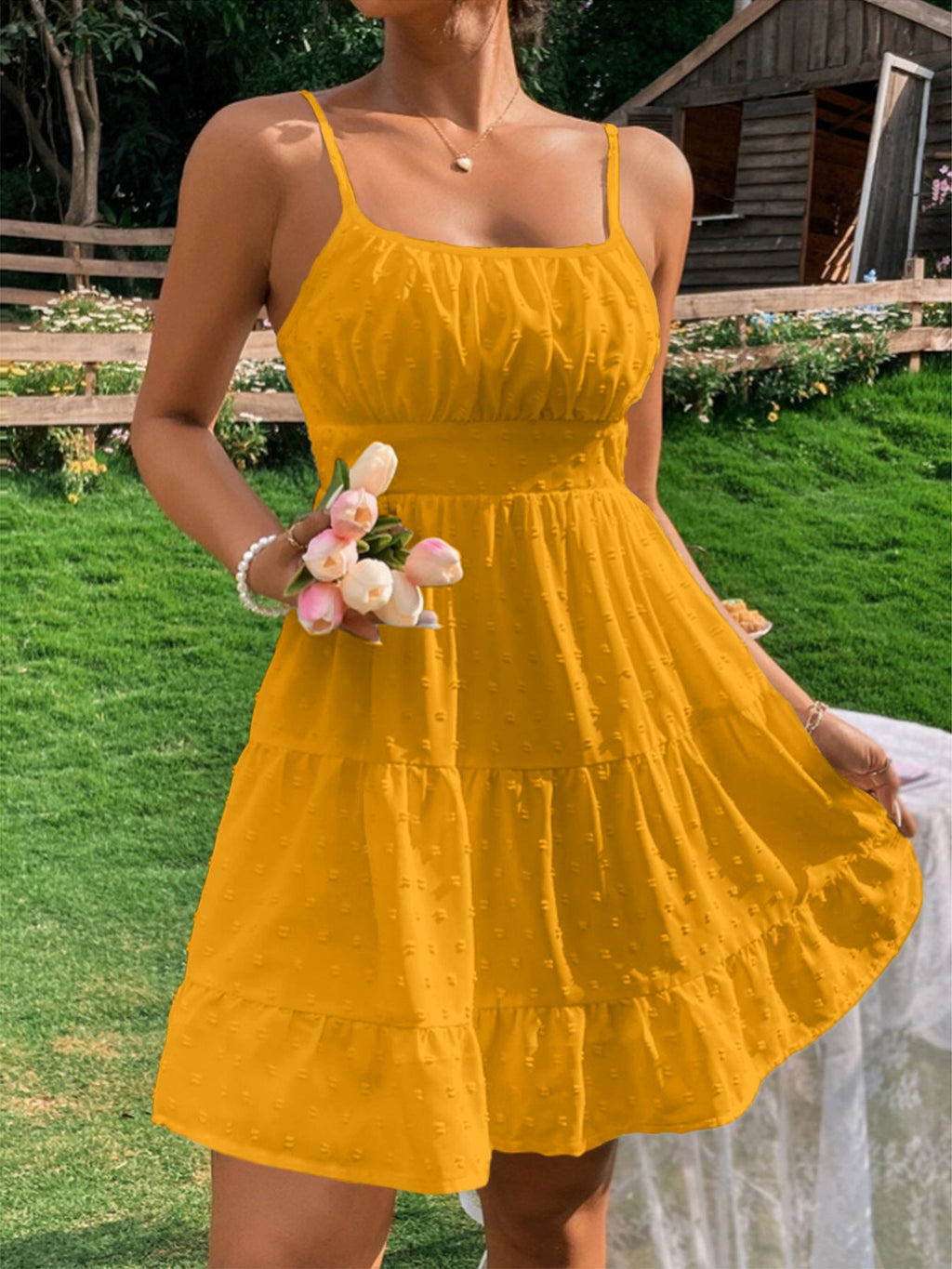 Damen Sommerkleid mit Rüschen und verstellbaren Spaghettiträgern