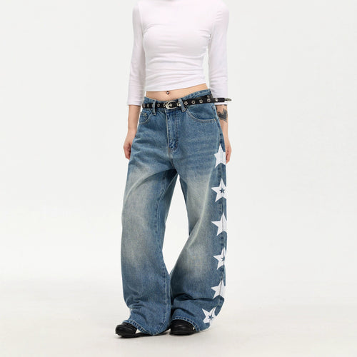 Damen Modische Weitgeschnittene Jeans mit Sternen-Design Shop Nory