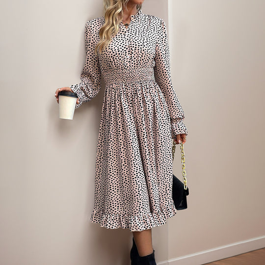 Damen Midikleid mit Smock-Taillenbund, Knopfleiste, Stehkragen und Volantrock Shop Nory