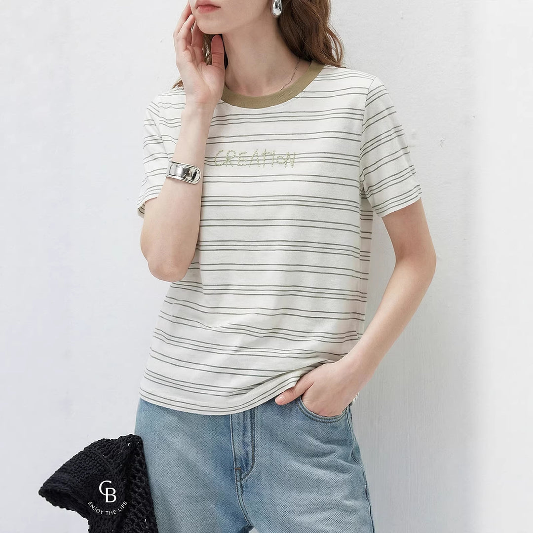 Damen Modernes Streifen-Shirt mit Rundhalsausschnitt Shop Nory