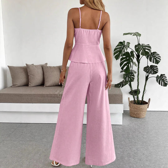 Damen Zweiteiliges Leinen-Set mit korsettartigem Taillentop, Schößchen und weiter Palazzohose Shop Nory