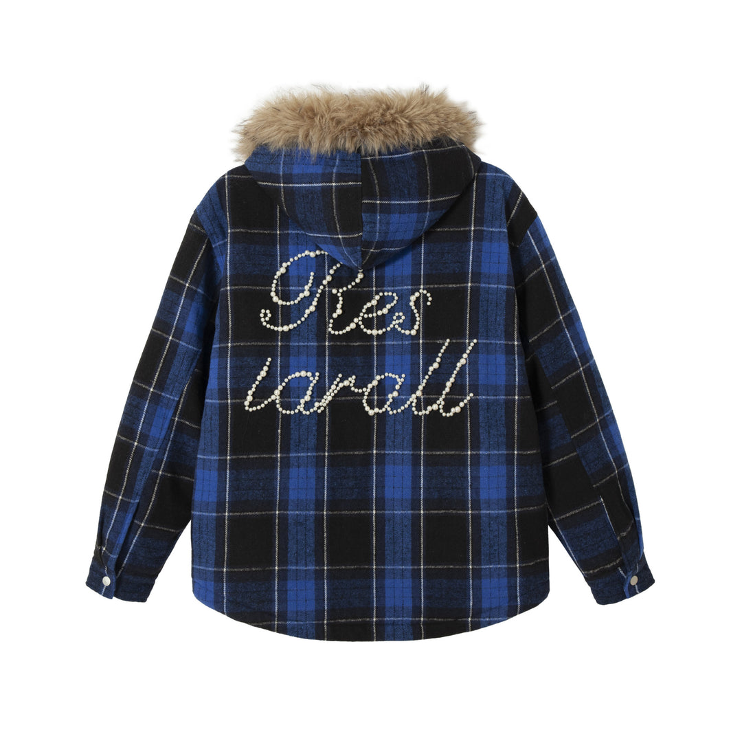 Damen karierter Wollmix-Blouson mit abnehmbarem Kunstfellkragen und Perlenapplikation Shop Nory