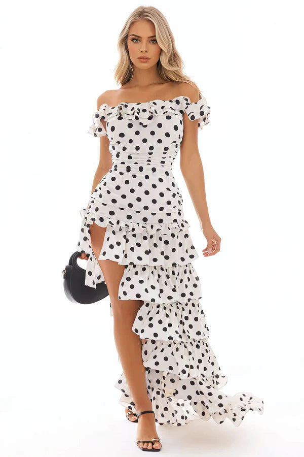 Damen Off-Shoulder Maxikleid mit Rüschen und aufregendem Schlitz Shopnory