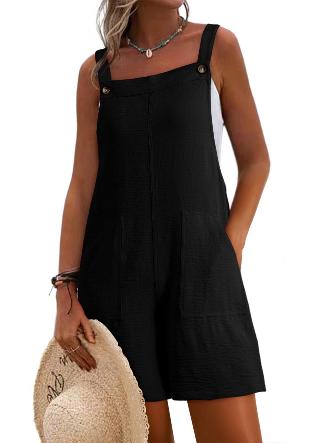 Damen Lässiger Kurz-Overall mit Trägern, Fronttaschen und Leinenoptik Shop Nory