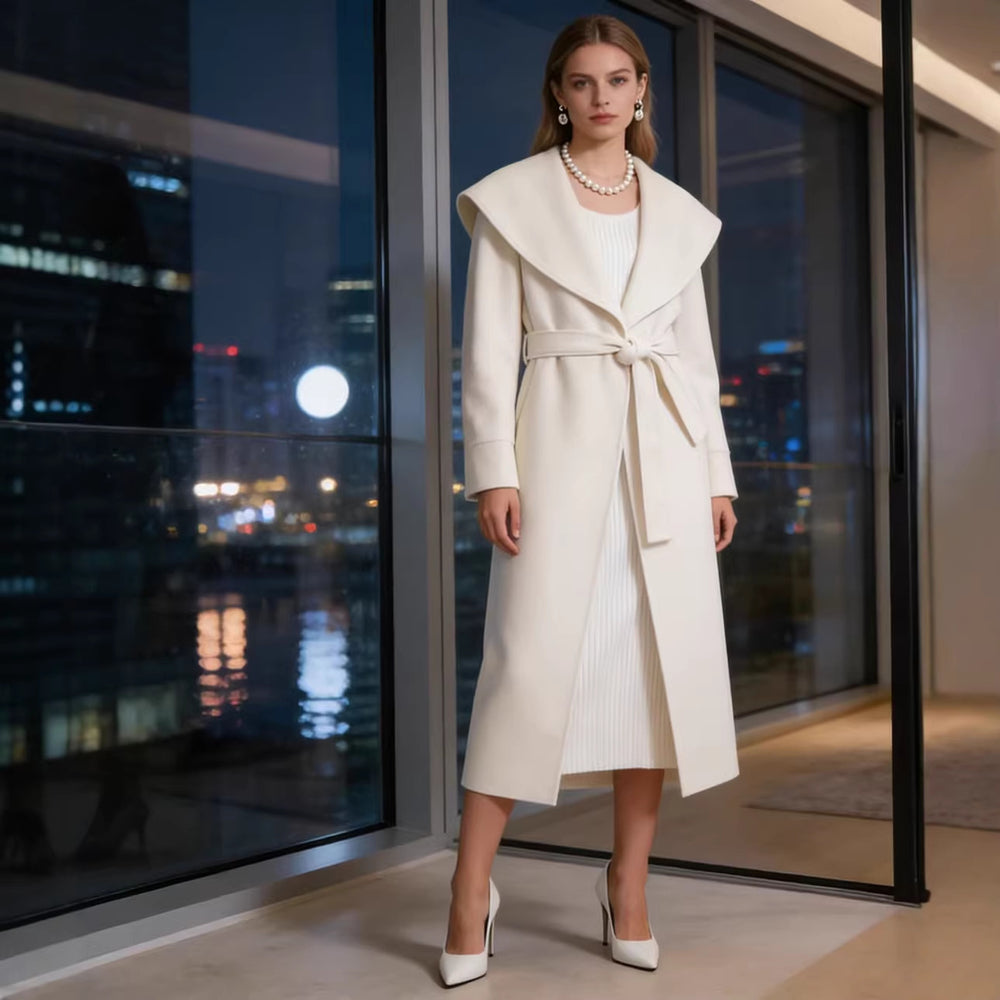 Damen Eleganter Mantel mit übergroßem Schalkragen und Bindegürtel Shop Nory