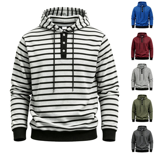 Herren Gestreifter Kapuzenpullover mit Henley‑Knopfleiste, Kordelzug und Rippbündchen Shop Nory