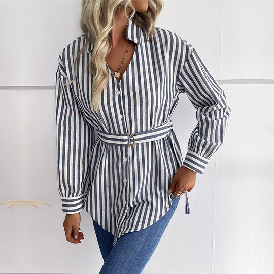 Damen Gestreifte Longbluse mit D‑Ring-Taillengürtel und Hemdkragen Shop Nory