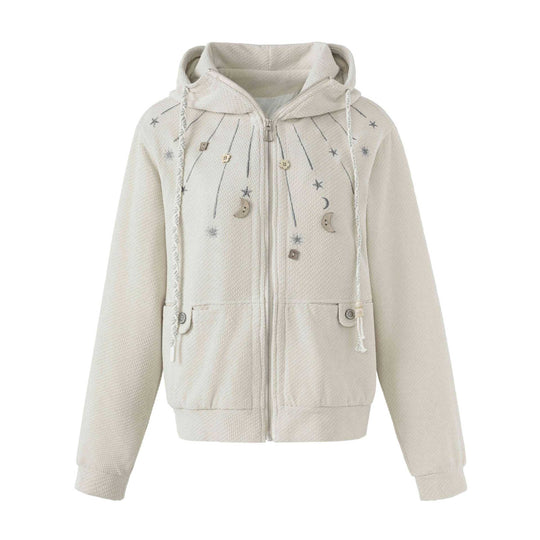Damen Kurz geschnittene Kapuzenjacke aus Strukturstrick mit Stern- und Mondapplikation Shop Nory