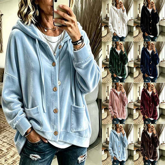Damen Oversize Kapuzen-Samtjacke mit Knopfleiste und aufgesetzten Taschen Shop Nory