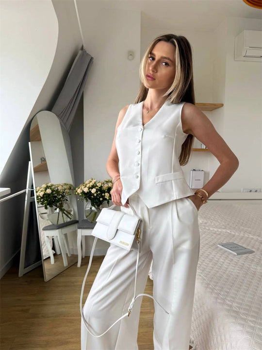 Damen elegantes 3-teiliges Anzug-Set mit ärmelloser Weste und weiten Hosen Shopnory
