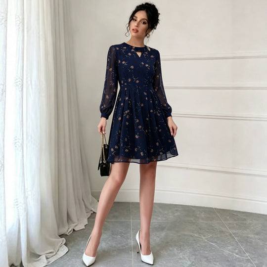 Damen Chiffon-Midikleid mit plissiertem Rock, transparenten Ärmeln und Zierbrosche Shop Nory
