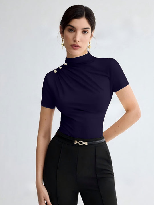 Damen elegantes Oberteil mit dekorativen Knopfdetails und modernem Stehkragen