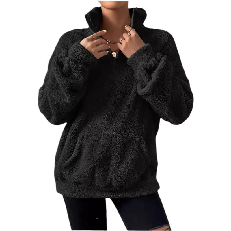 Damen Kuscheliger Fleece-Pullover mit Stehkragen und Eingrifftaschen