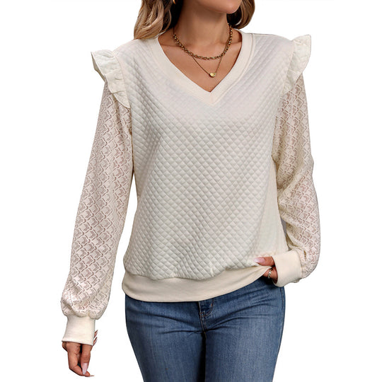 Damen Stepppullover mit V-Ausschnitt und Spitzenärmeln Shop Nory