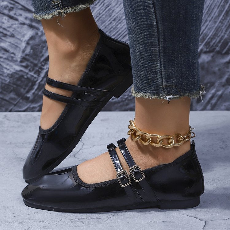 Damen Lack-Mary-Jane-Ballerina mit doppeltem Riemen und Metall-Schnallen Shop Nory