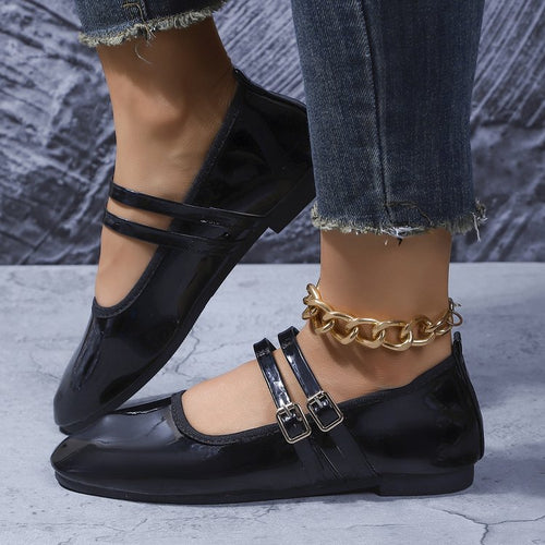 Damen Lack-Mary-Jane-Ballerina mit doppeltem Riemen und Metall-Schnallen Shop Nory