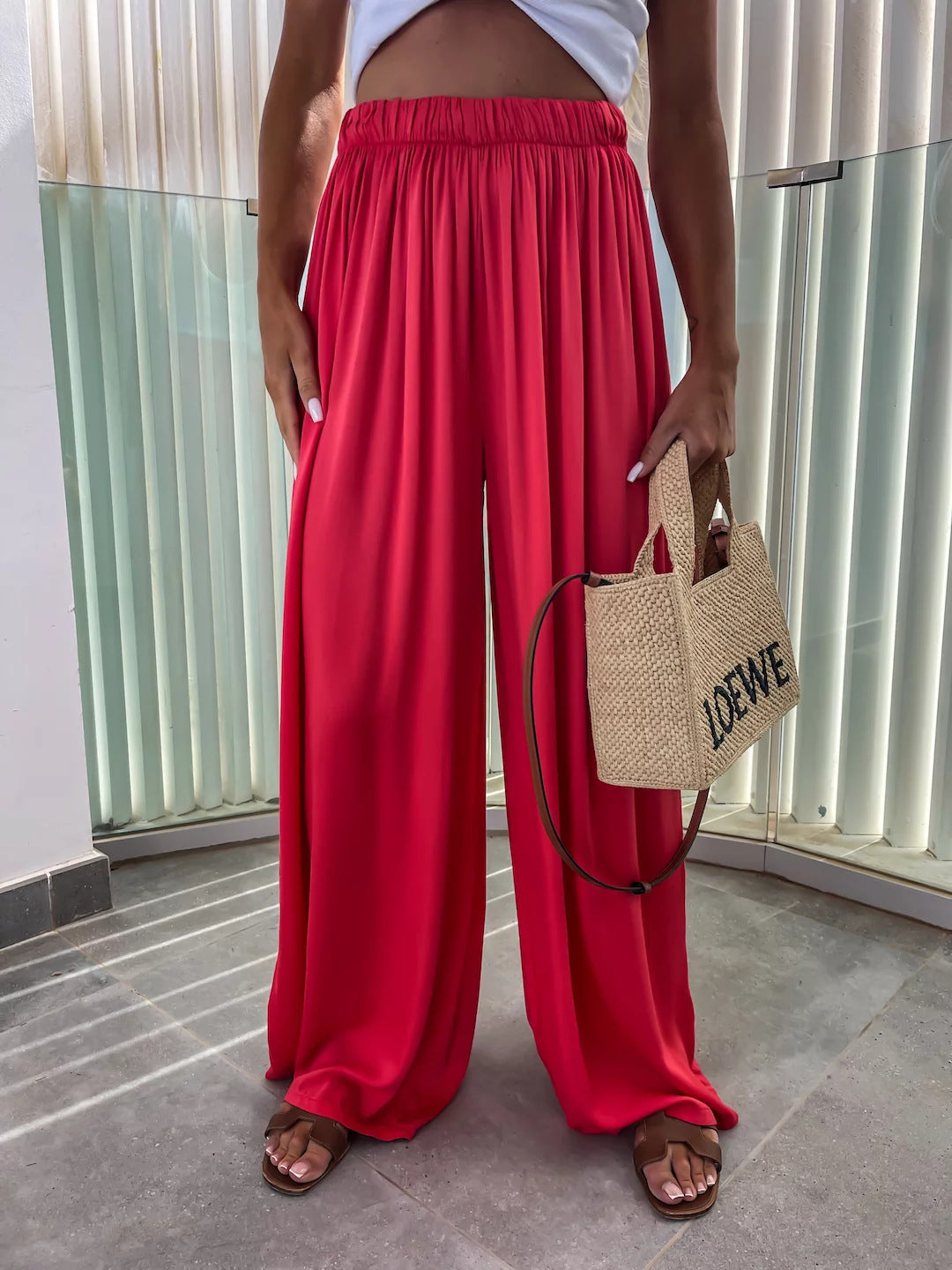 Damen weit geschnittene Palazzo-Hose mit hohem elastischem Bund und fließendem Jersey Shop Nory
