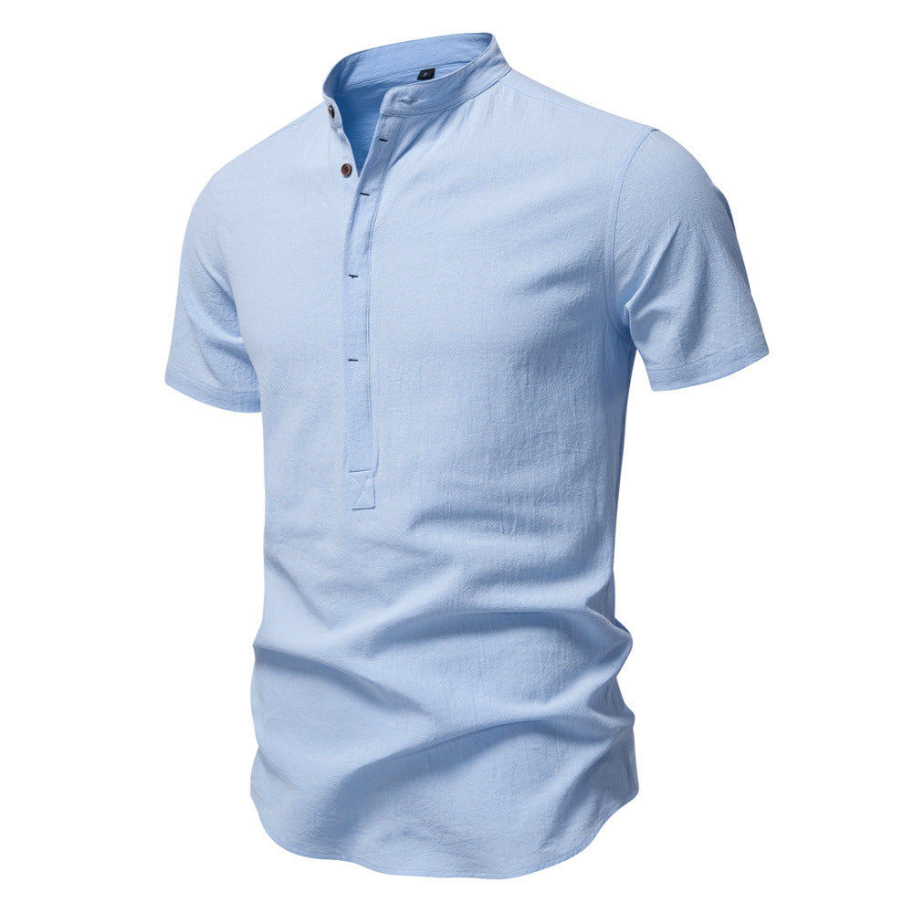 Herren nan lässiges Kurzarmshirt mit Stehkragen, halber Knopfleiste und leicht strukturierter Baumwoll-Leinen-Qualität