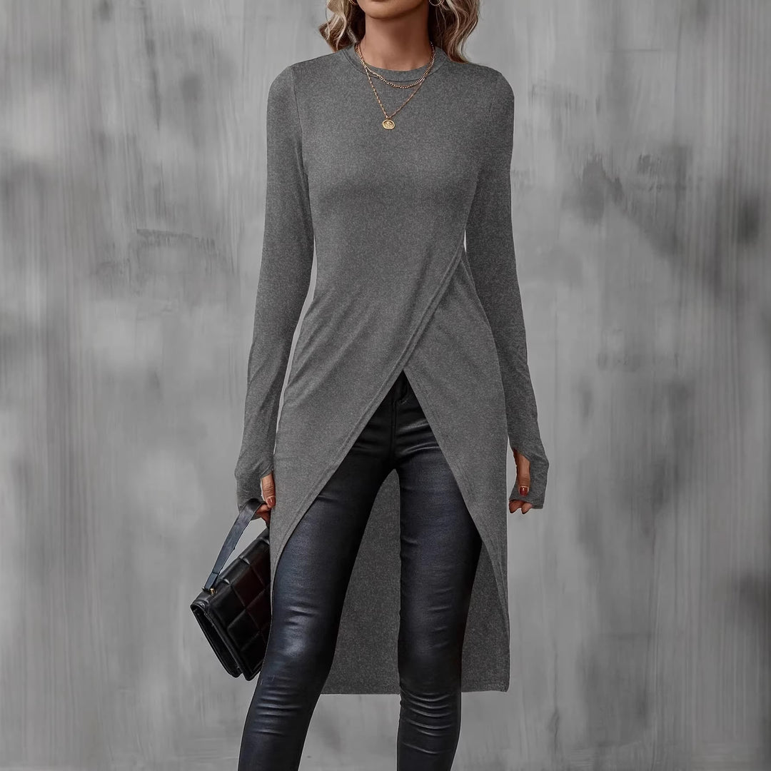 Damen Langes asymmetrisches Wickel-Tunika-Top mit Frontschlitz Shop Nory