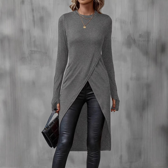 Damen Langes asymmetrisches Wickel-Tunika-Top mit Frontschlitz Shop Nory