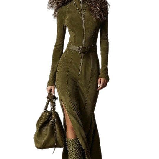 Damen Figurbetontes Midikleid aus Velourslederimitat mit Stehkragen und Zentralem Reißverschluss Shop Nory