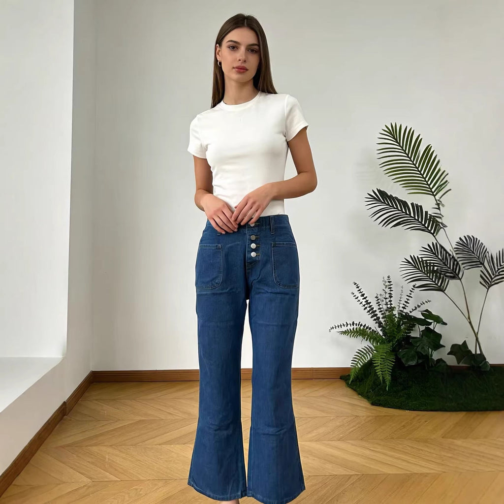 Damen Bootcut-Jeans mit hohem Bund und knöpfbarem Verschluss Shopnory