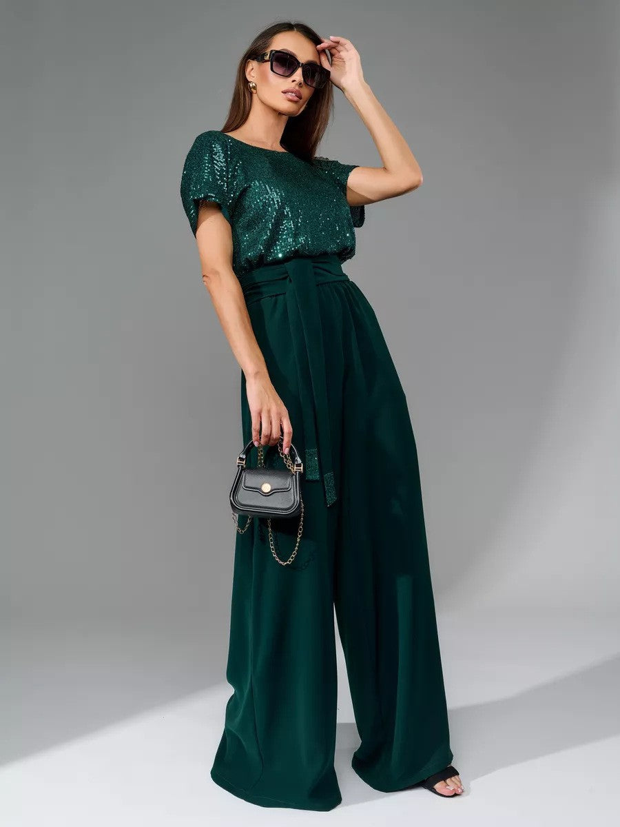 Damen Glitzernder Jumpsuit mit weitem Bein und Taillengürtel
