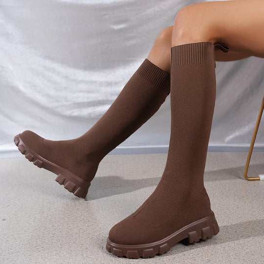 Damen Strick-Overknee-Stiefel mit elastischem Sock-Schaft und klobiger Lug-Sohle Shop Nory