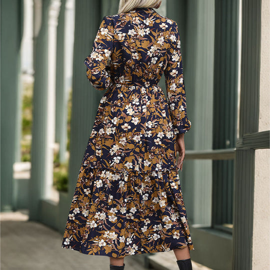 Damen Langärmeliges Midikleid mit Bindegürtel, Stufensaum und seitlichem Schlitz Shop Nory