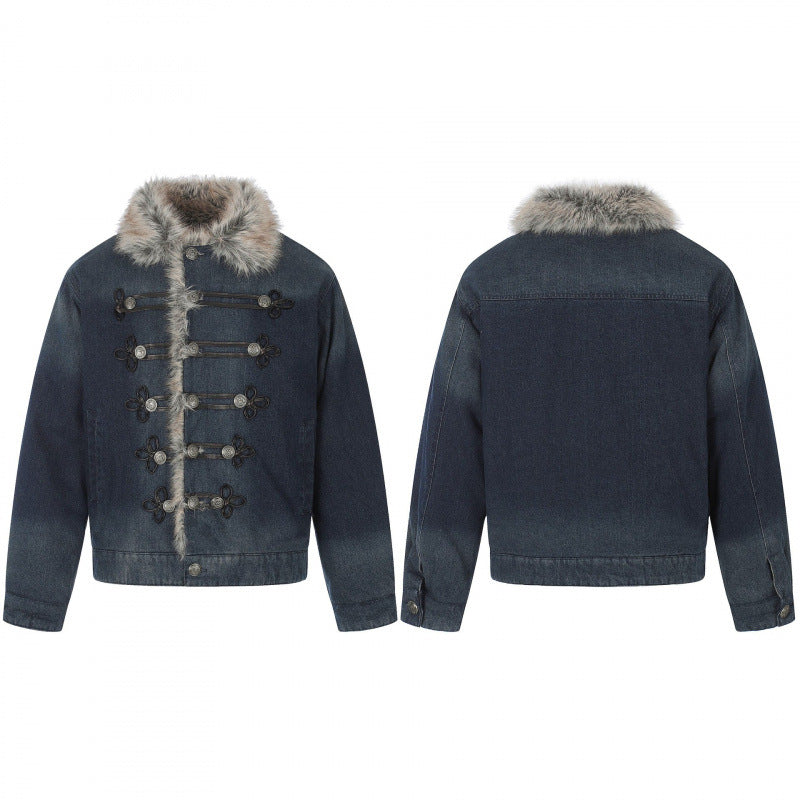 Herren Jeansjacke im Military‑Inspirierten Ornamentstil mit Kunstfellbesatz Shop Nory