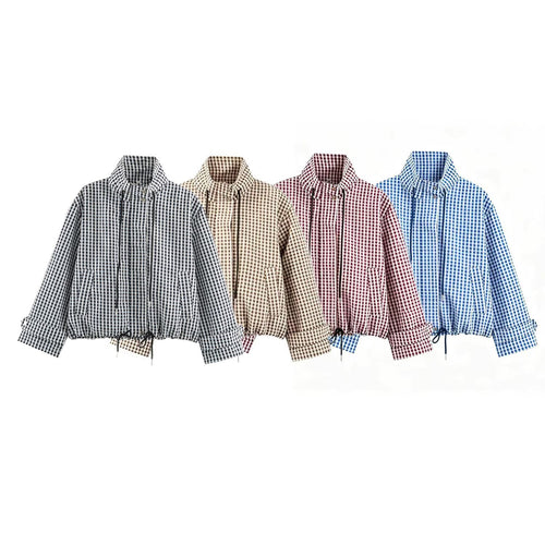 Damen Kurzjacke im Karo‑Look mit Tunnelzugsaum und hohem Stehkragen Shop Nory